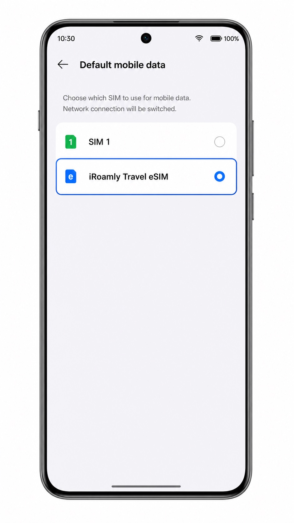 Oppo Reno 14 confirmation step: iRoamly Travel eSIM selected for mobile data