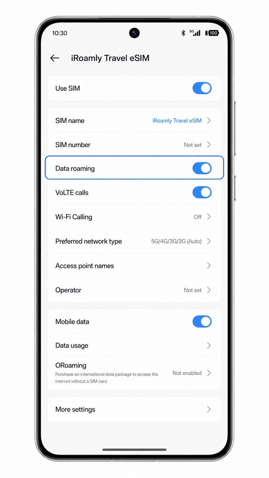 Oppo Reno 14 confirmation step: iRoamly Travel eSIM line settings