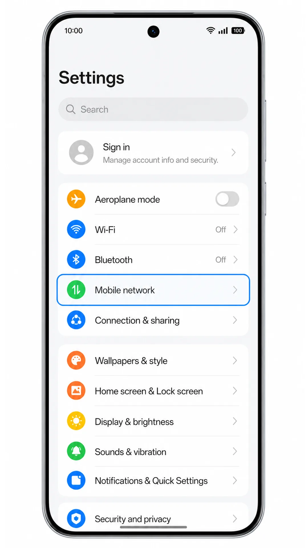 Oppo Reno 15 Settings screen showing Mobile network highlighted for iRoamly eSIM setup