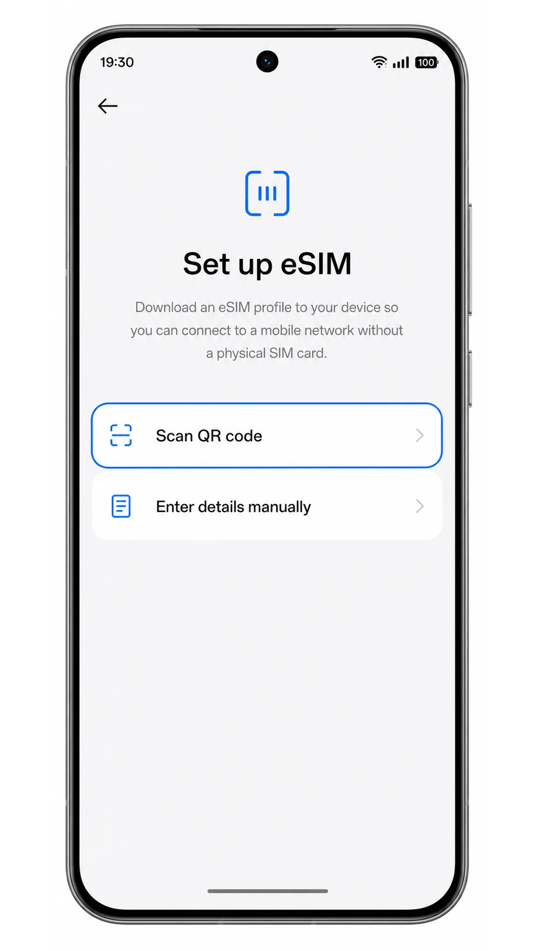 Oppo Reno 15 Add eSIM screen showing Scan QR code highlighted