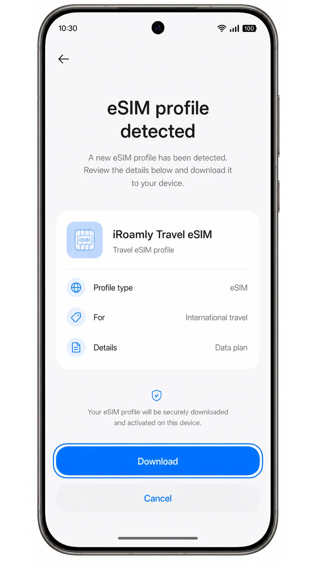 Oppo Reno 15 eSIM download confirmation screen showing Download highlighted