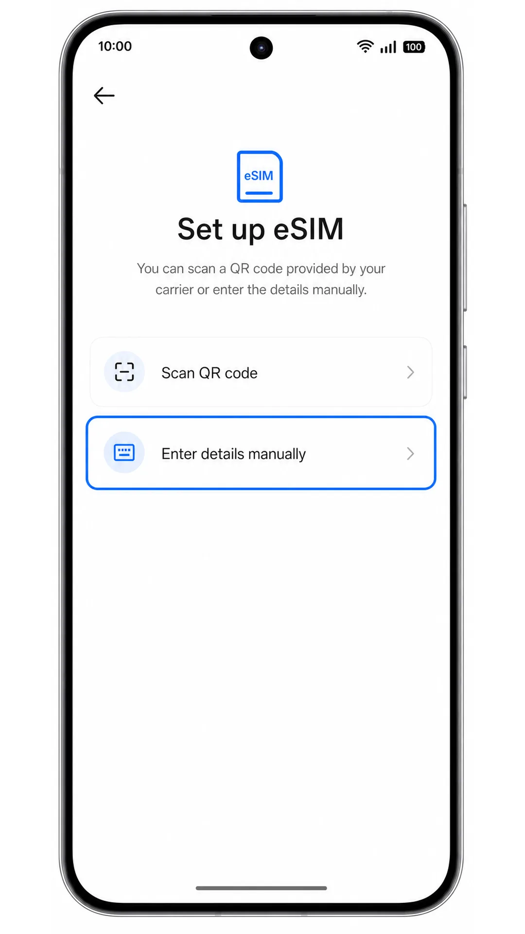 Oppo Reno 15 QR setup screen showing Enter details manually highlighted
