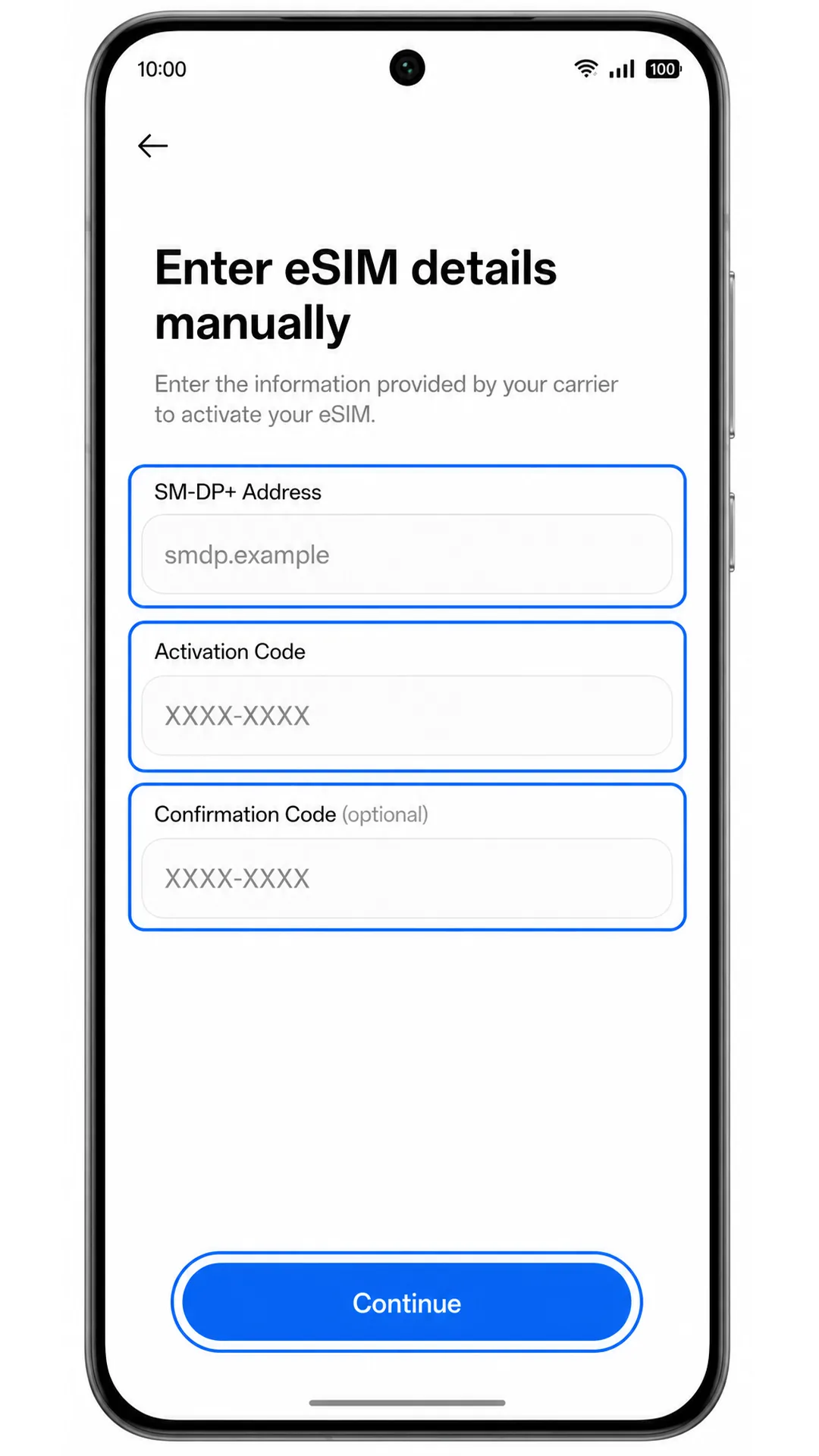 Oppo Reno 15 manual eSIM entry screen showing SM-DP+ Address and Activation Code fields
