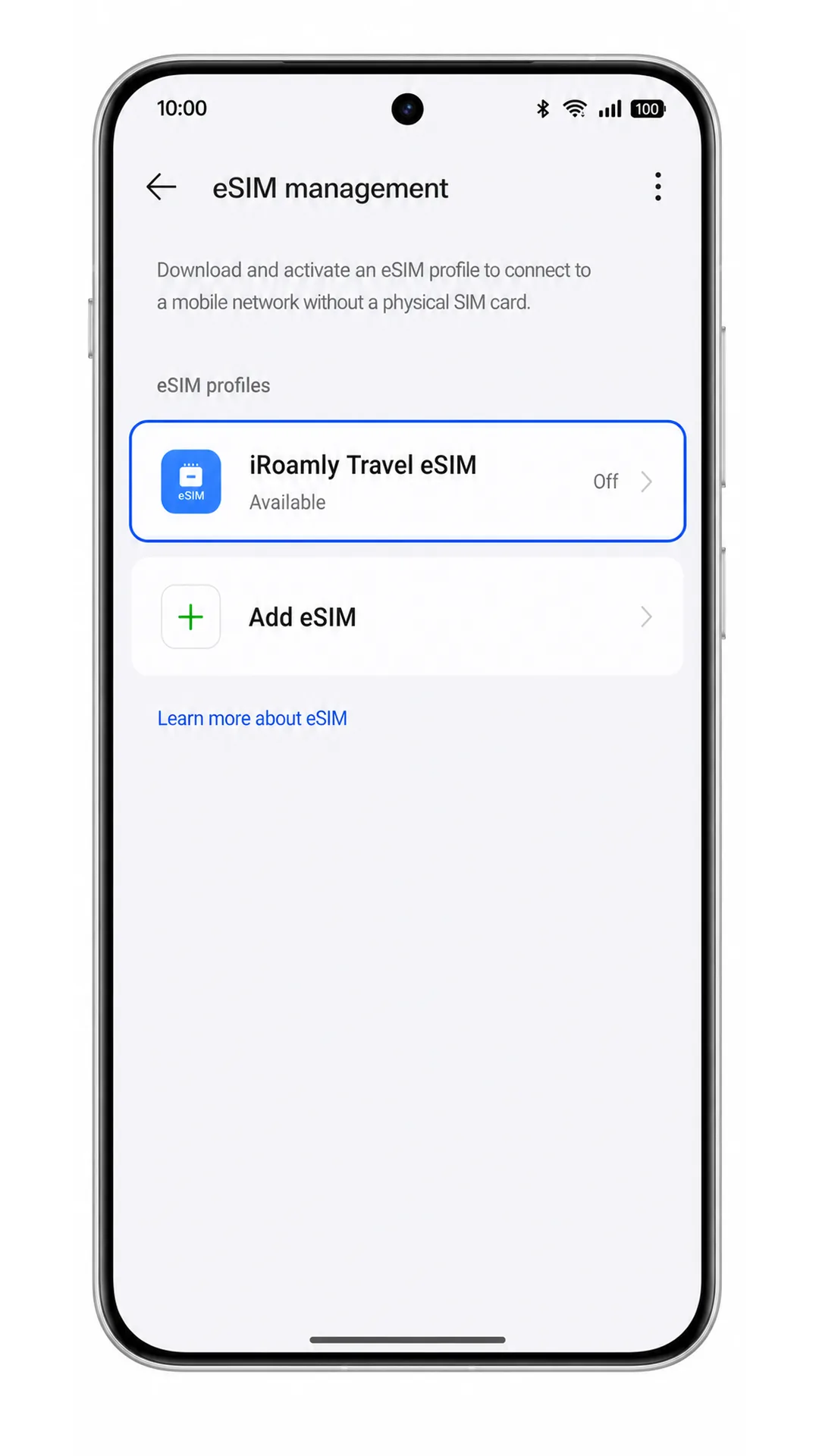 Oppo Reno 15 eSIM list showing installed iRoamly travel eSIM profile