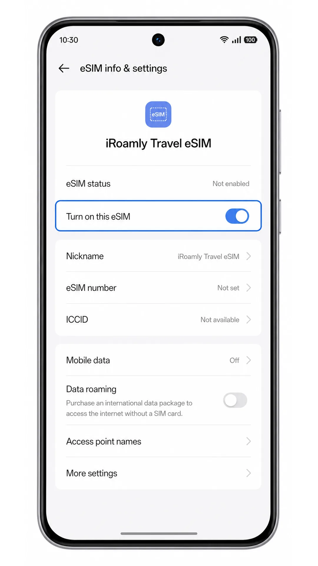Oppo Reno 15 iRoamly eSIM detail screen showing eSIM switch highlighted