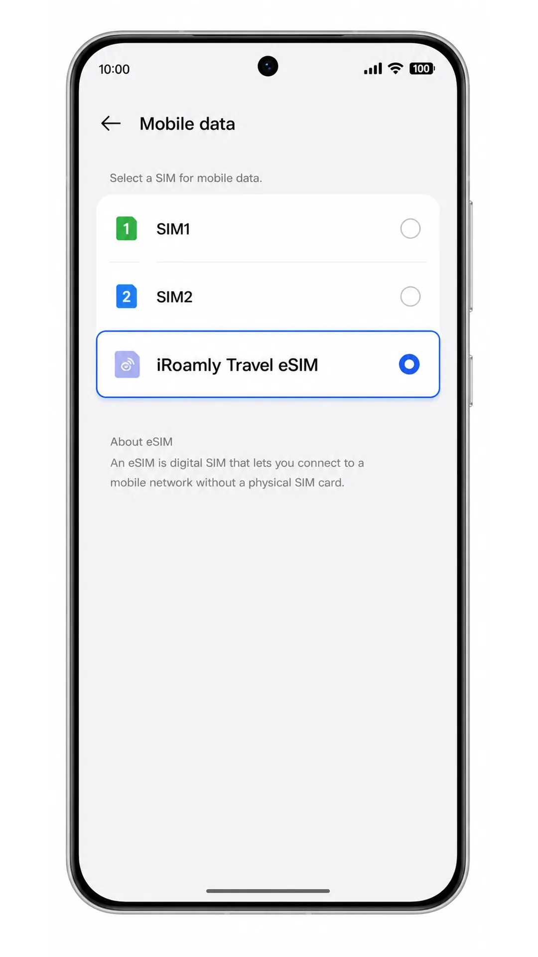 Oppo Reno 15 Mobile data selection screen showing iRoamly eSIM selected