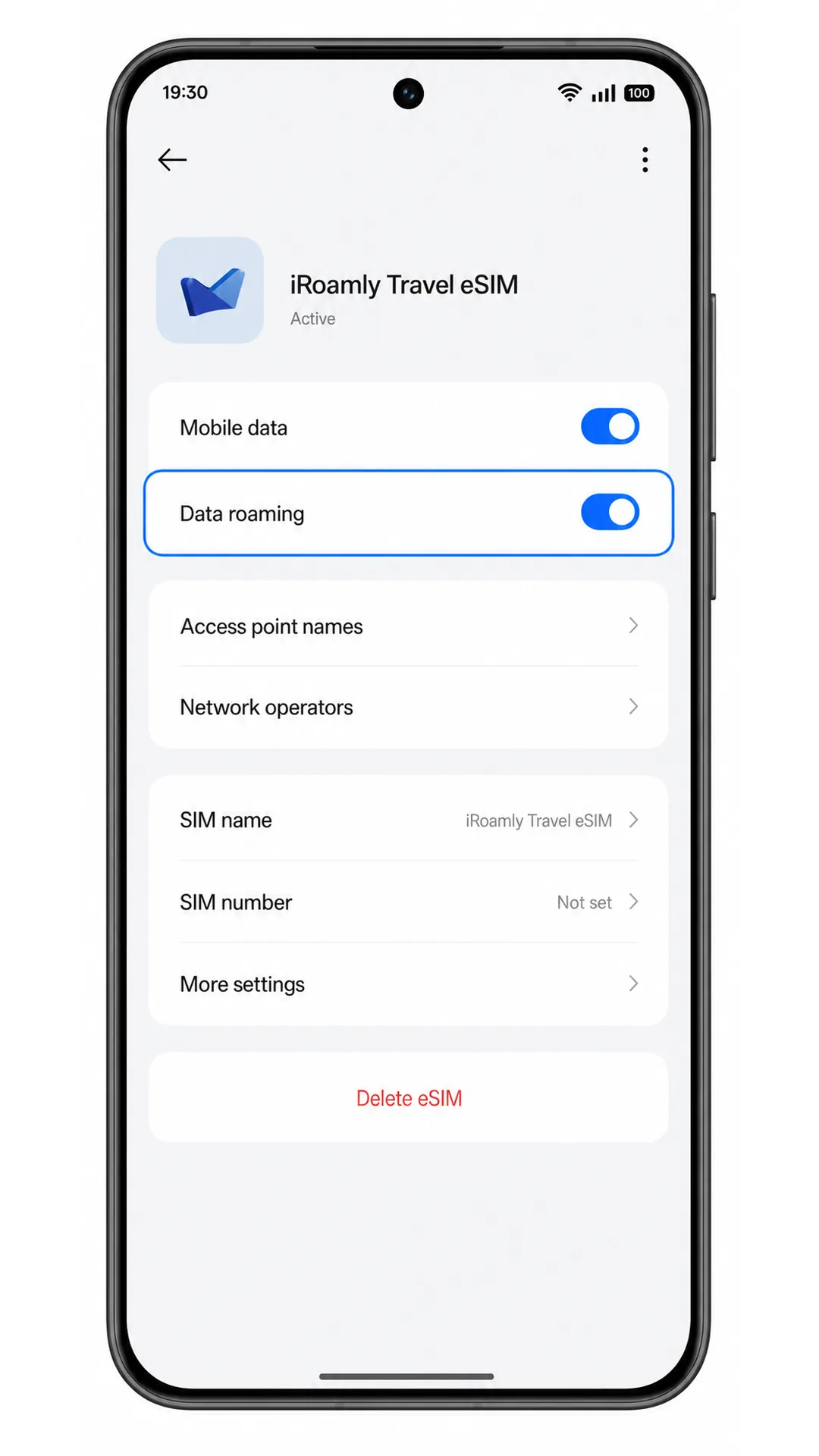 Oppo Reno 15 iRoamly eSIM settings screen showing Data roaming highlighted