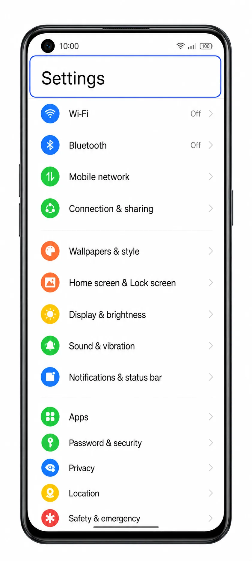 Oppo Reno 9A Step 01: Settings app open for iRoamly eSIM setup Oppo Reno 9A Step 01: Settings app open for iRoamly eSIM setup