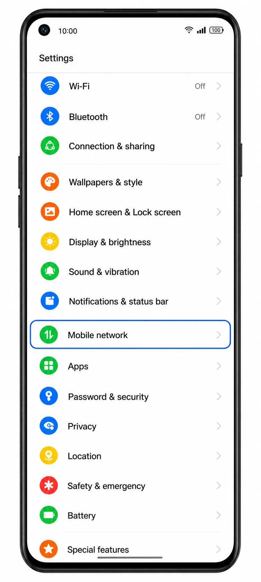 Oppo Reno 9A Step 02: Mobile network menu highlighted Oppo Reno 9A Step 02: Mobile network menu highlighted