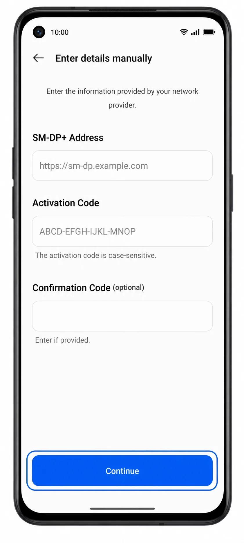 Oppo Reno 9A Step 09: Manual eSIM entry fields