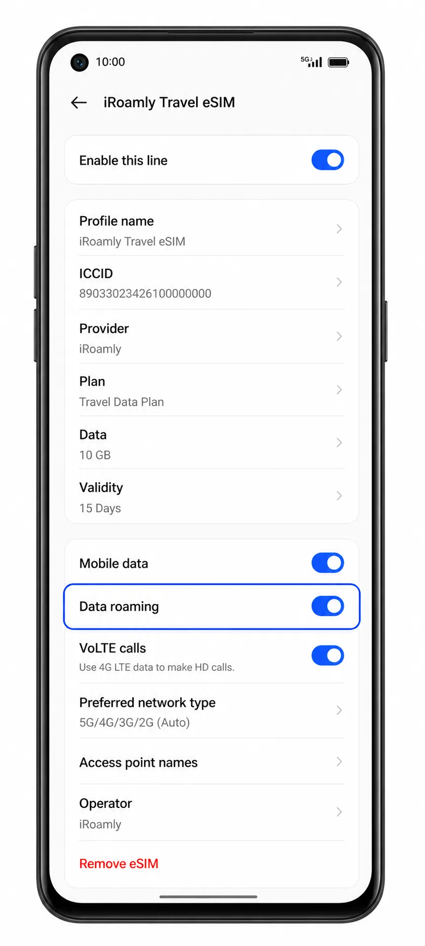 Oppo Reno 9A Step 14: Data roaming enabled for iRoamly eSIM