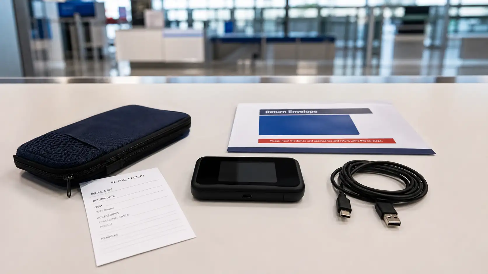 Pocket WiFi rental kit with router, return envelope and charging cable Pocket WiFi rental kit with router, return envelope and charging cable