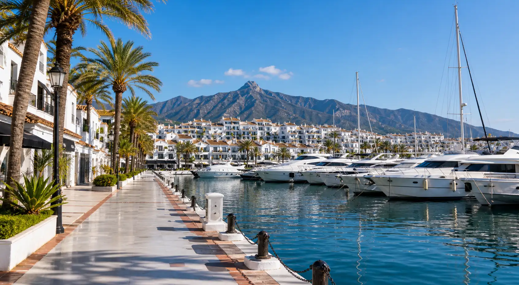 Puerto Banus marina in Marbella with yachts palm trees and mountain views Puerto Banus marina in Marbella with yachts palm trees and mountain views