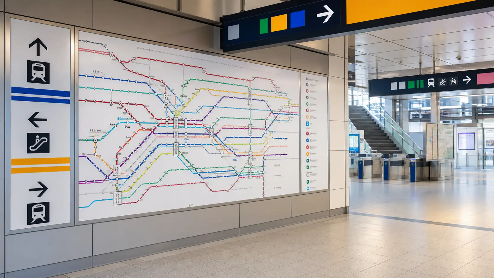 Colour-coded railway map inside a Japanese station Colour-coded railway map inside a Japanese station