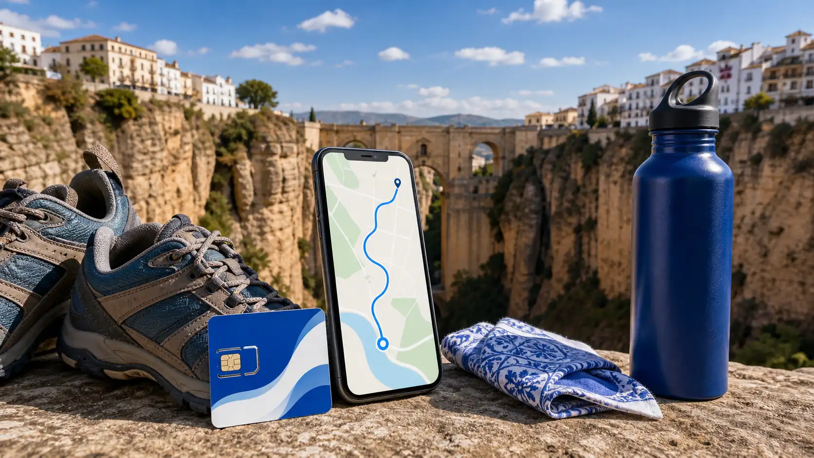 Ronda mobile navigation scene with gorge and travel essentials Mobile Navigationsszene in Ronda mit Schlucht und Reiseutensilien