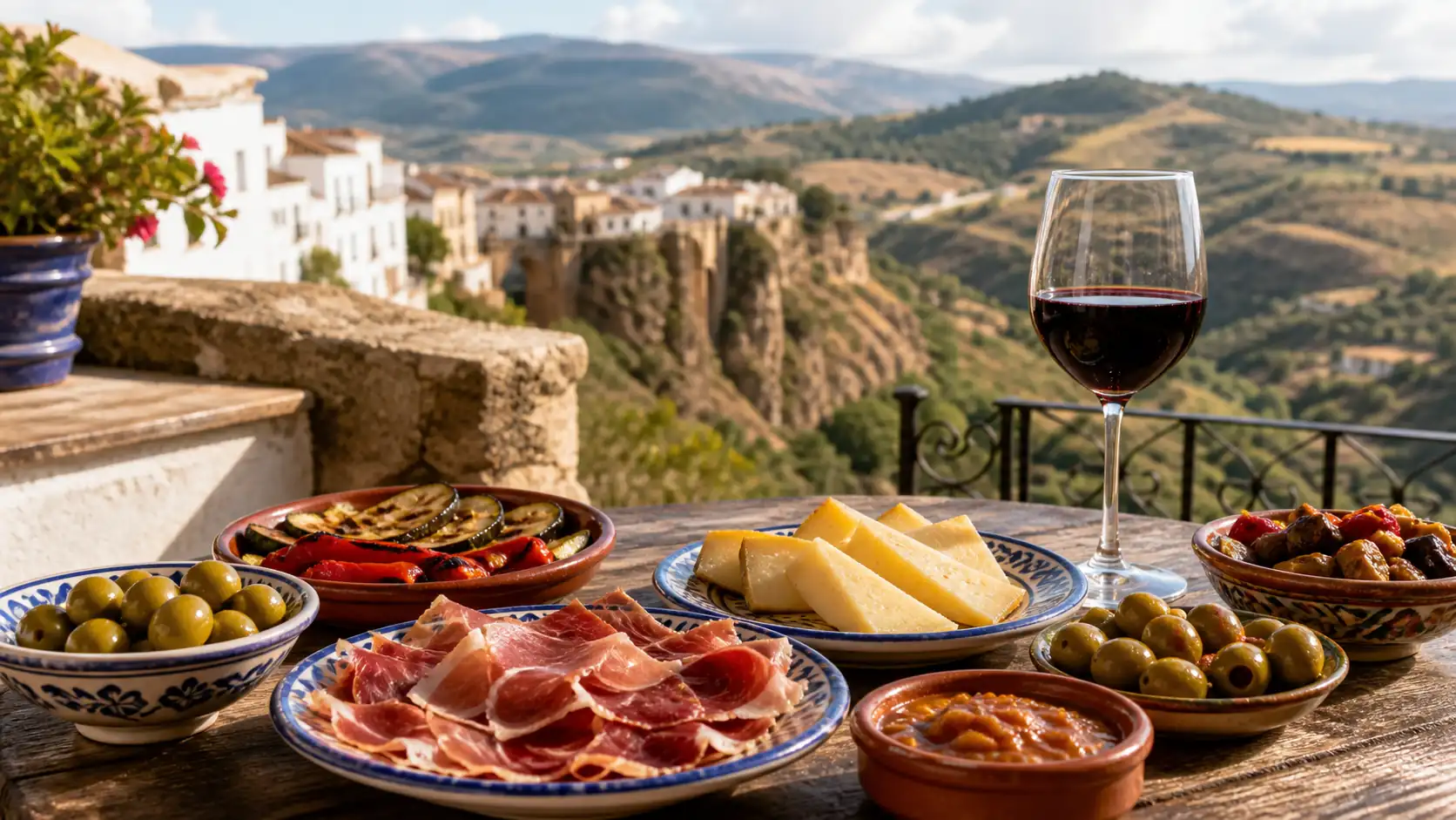 Ronda tapas and local wine on a terrace with mountain views Ronda Tapas und lokaler Wein auf einer Terrasse mit Bergblick