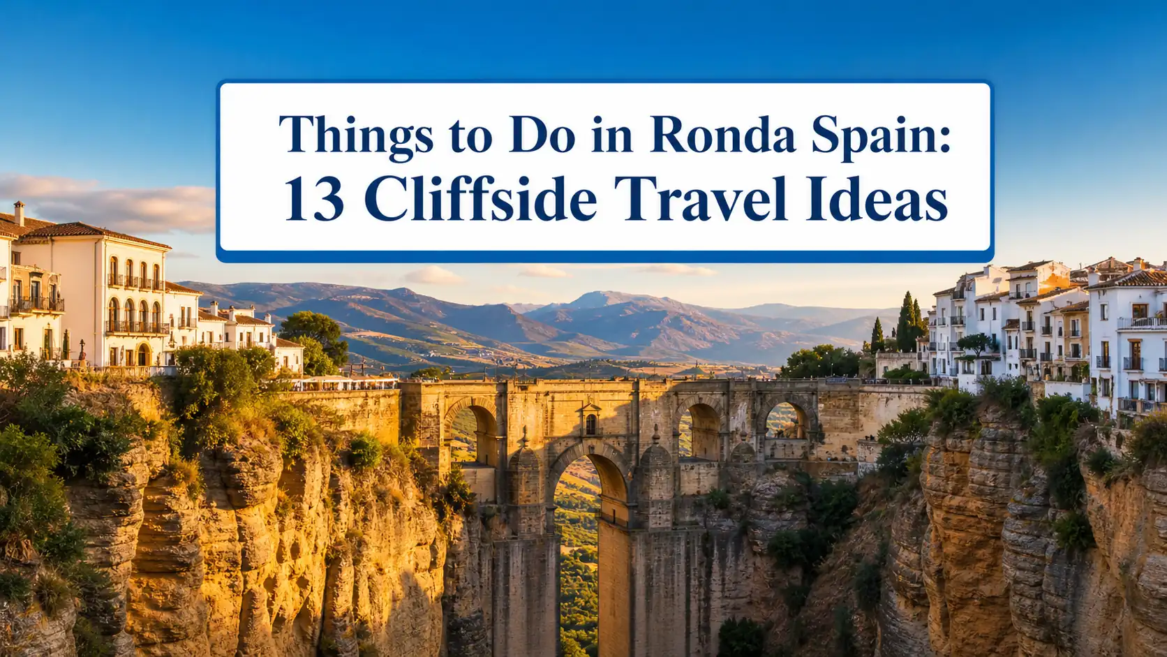 Things to do in Ronda Spain article cover with Puente Nuevo and cliffs Artikel-Titelbild über Aktivitäten in Ronda, Spanien, mit der Puente Nuevo und Klippen