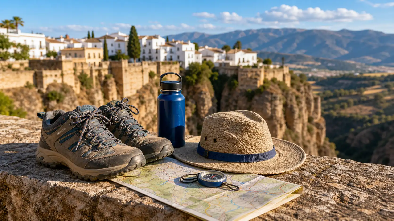 Ronda travel safety essentials with shoes water and cliff views Reise-Sicherheitsutensilien für Ronda mit Schuhen, Wasser und Klippenblick