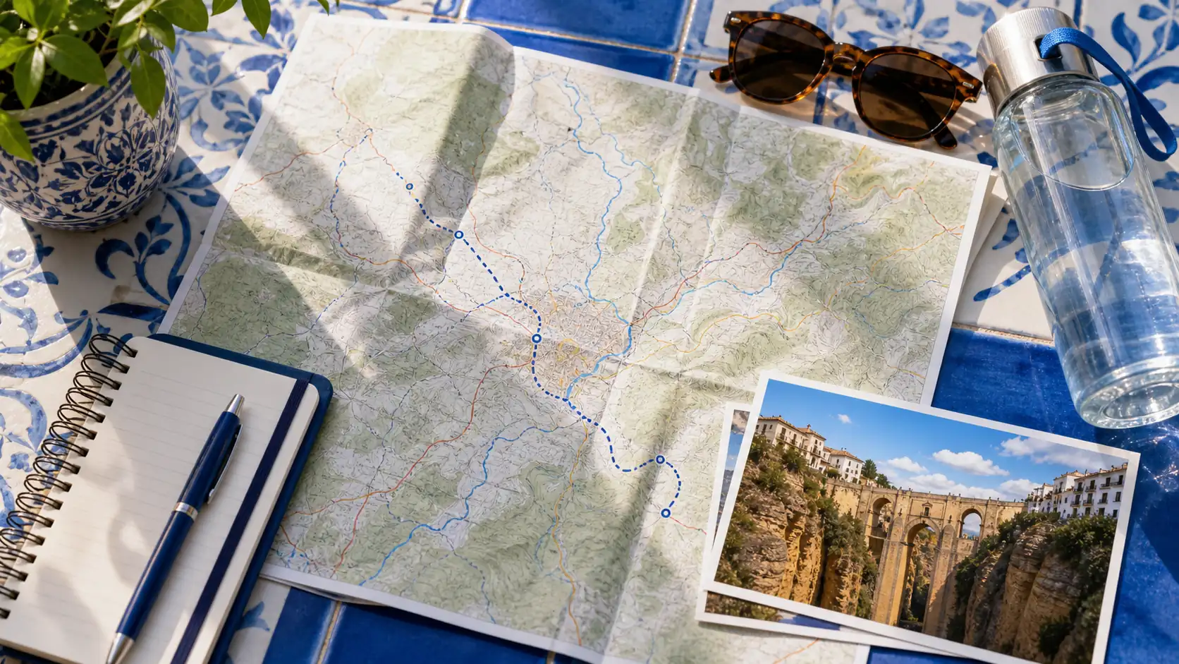 Ronda trip planning flatlay with route map and travel essentials Ronda Reiseplanungs-Flatlay mit Routenkarte und Reiseutensilien
