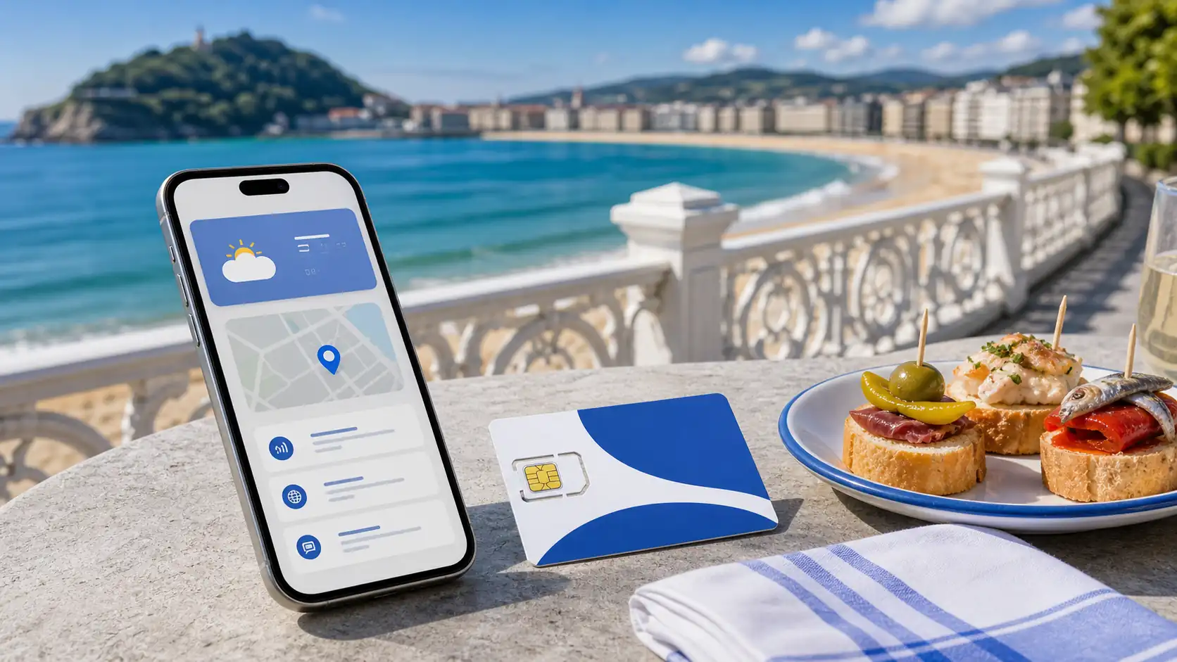 San Sebastian mobile connectivity setup with phone and bay promenade Configuração de conectividade móvel em San Sebastian com telefone e passeio da baía