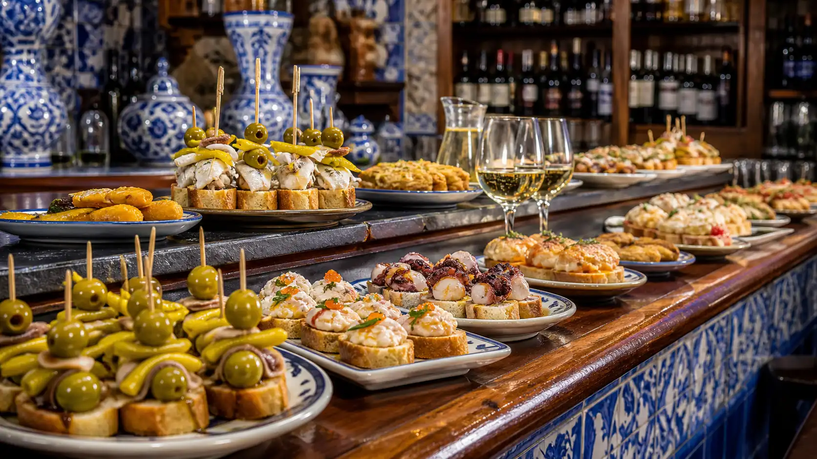Pintxos bar counter with Basque small plates in San Sebastian Balcão de bar de Pintxos com pequenos pratos bascos em San Sebastian