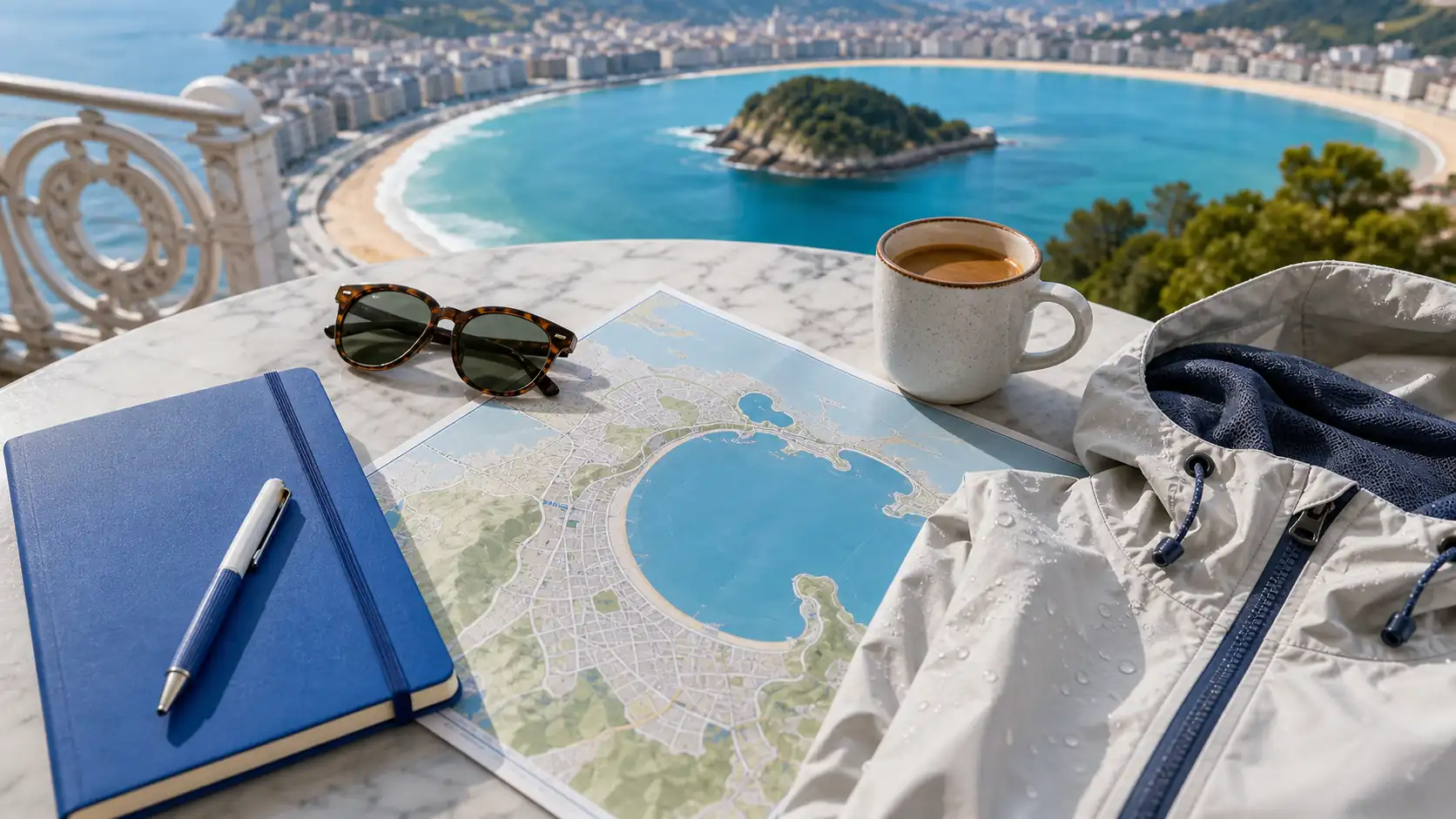 San Sebastian trip planning flatlay with bay map and coastal travel items Planejamento de viagem para San Sebastian com mapa da baía e itens de viagem costeira