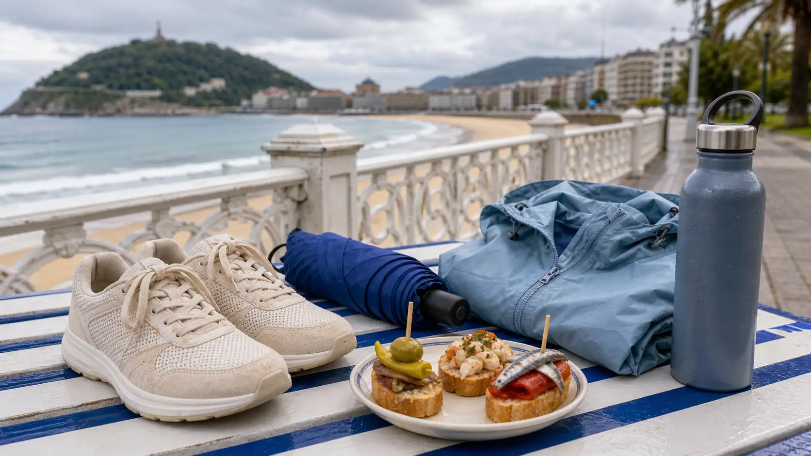San Sebastian coastal weather travel essentials near a beach promenade Essenciais de viagem para o clima costeiro de San Sebastian perto de um calçadão de praia