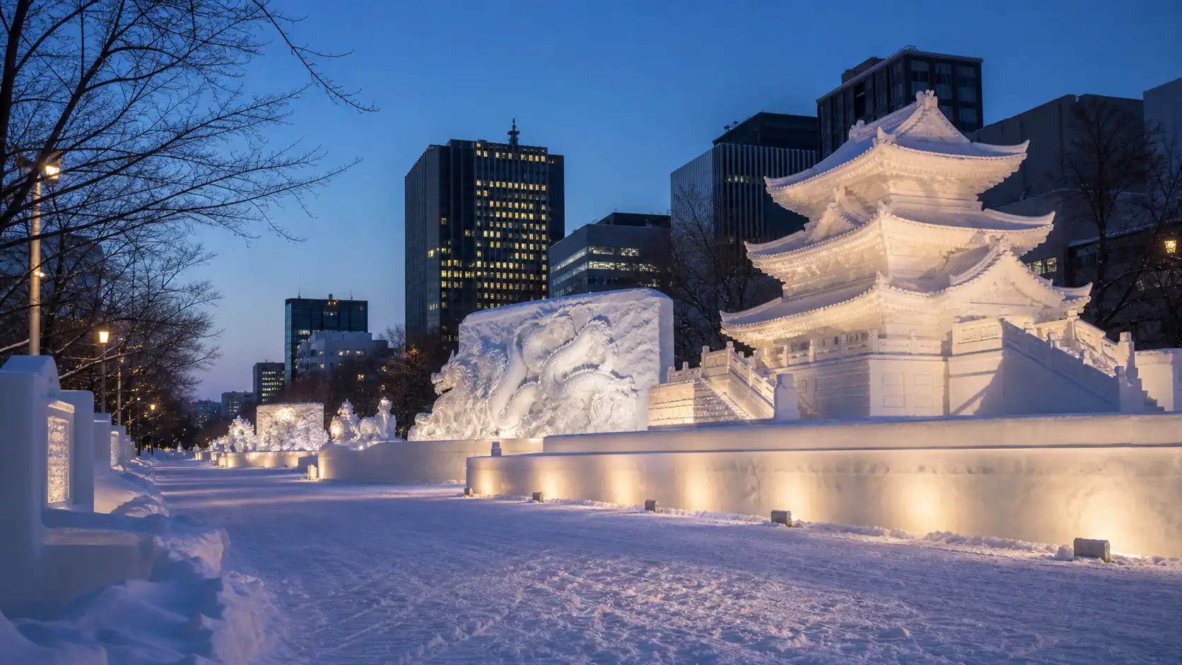 Snow and ice sculptures in an empty Sapporo winter festival park Snow and ice sculptures in an empty Sapporo winter festival park