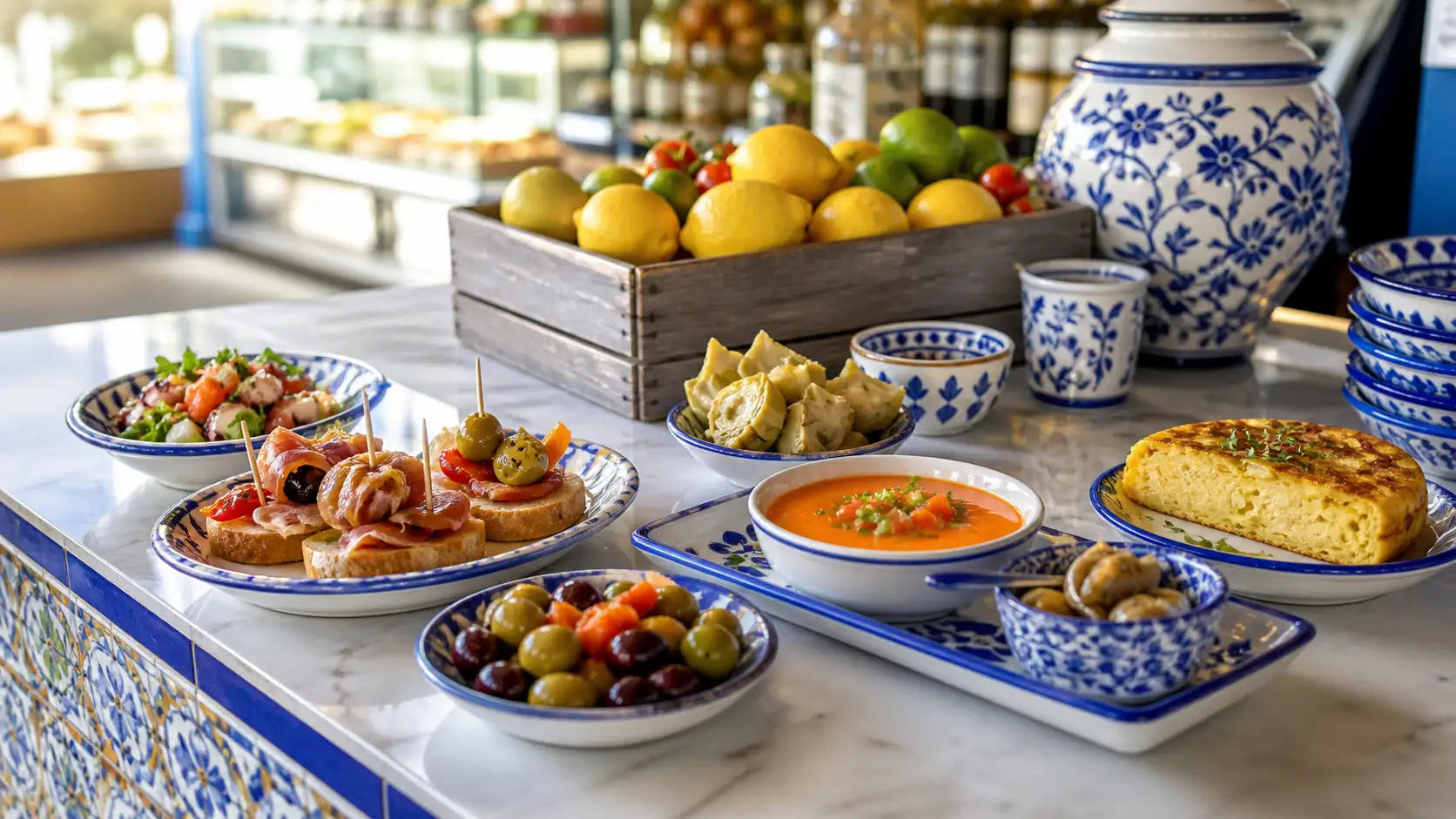 Seville tapas and market food on a tiled counter Tapas und Marktessen in Sevilla auf einer gefliesten Theke