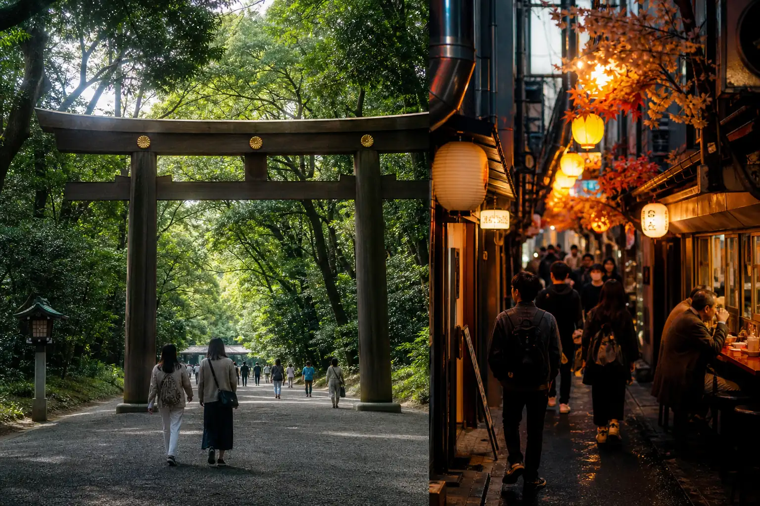 Quiet Meiji Jingu path and lantern-lit Shibuya night alley Quiet Meiji Jingu path and lantern-lit Shibuya night alley