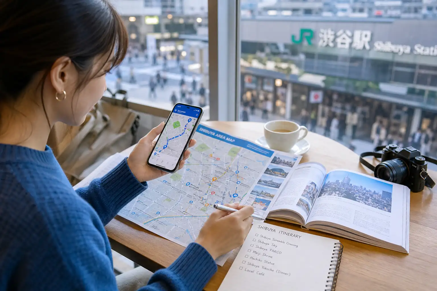 Traveler planning a walking route through Shibuya with phone and station map Traveler planning a walking route through Shibuya with phone and station map