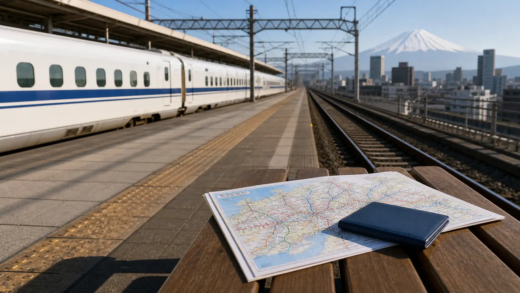 Shinkansen platform with a folded Japan rail map Shinkansen platform with a folded Japan rail map