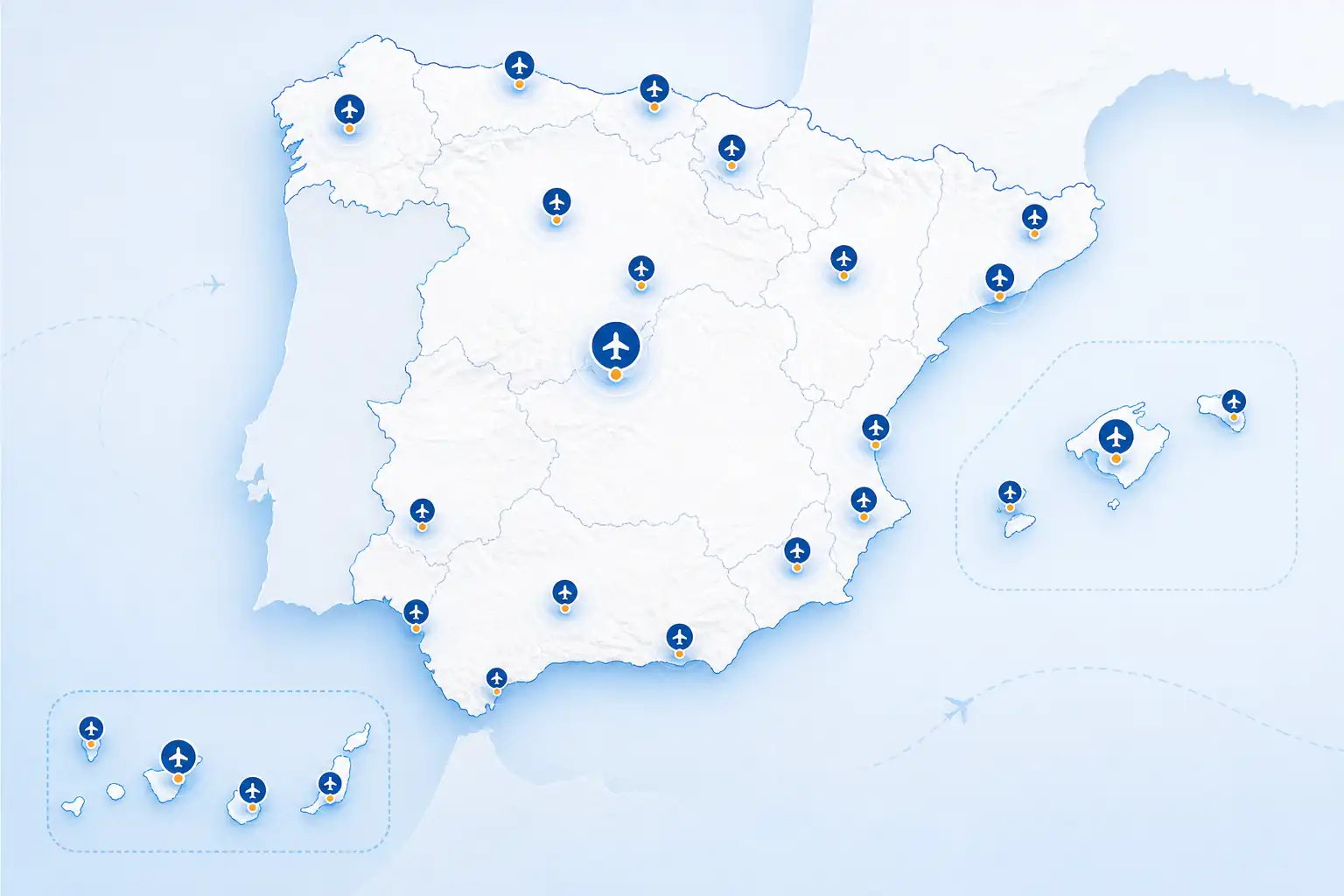 Map-style overview of the airport network in Spain Map-style overview of the airport network in Spain