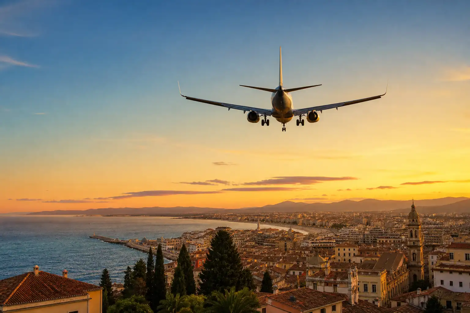 Passenger aircraft arriving over a Spanish coastal city at sunset Passenger aircraft arriving over a Spanish coastal city at sunset