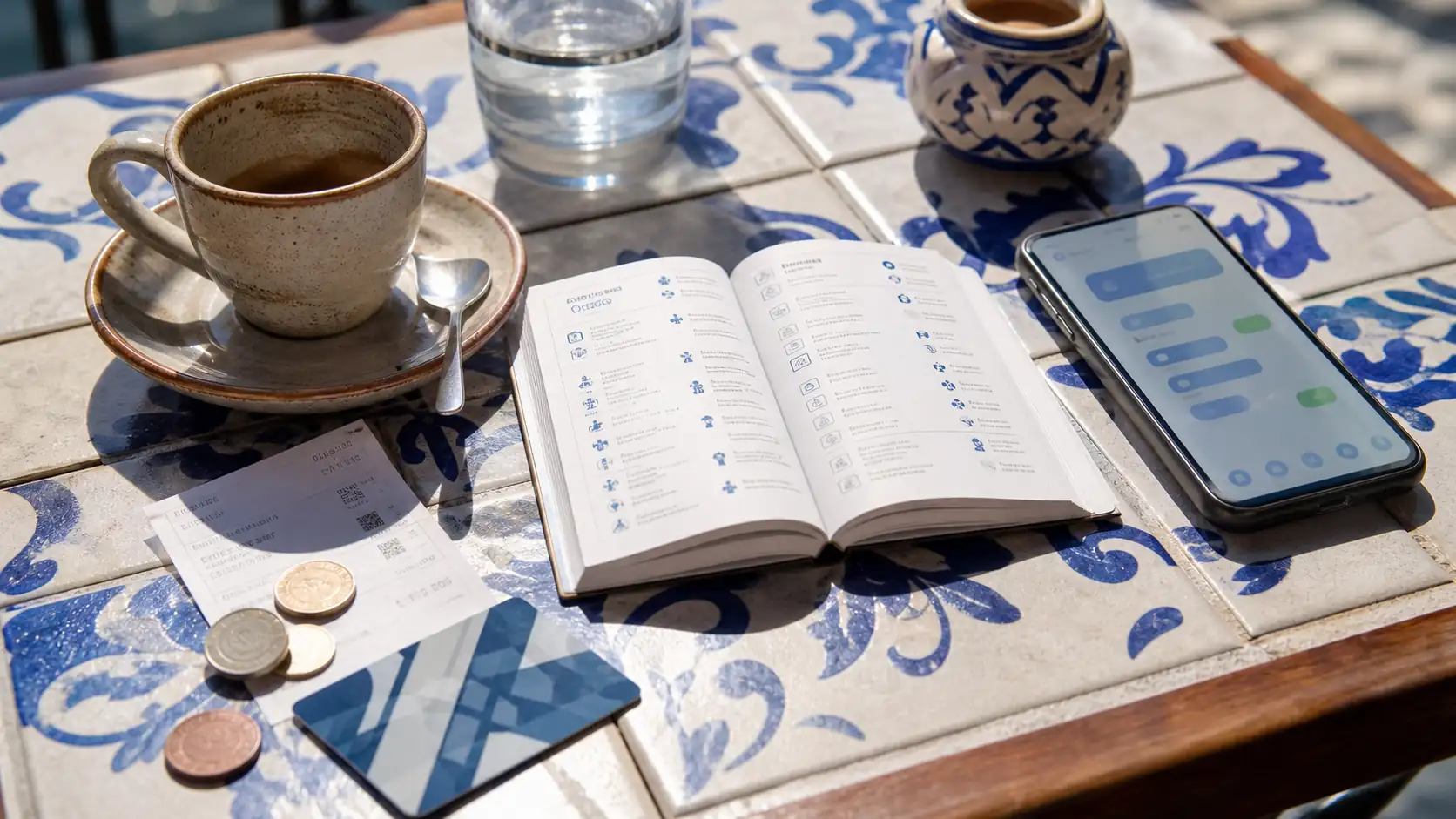 Phrasebook and translation tools on a Spanish cafe table Phrasebook and translation tools on a Spanish cafe table