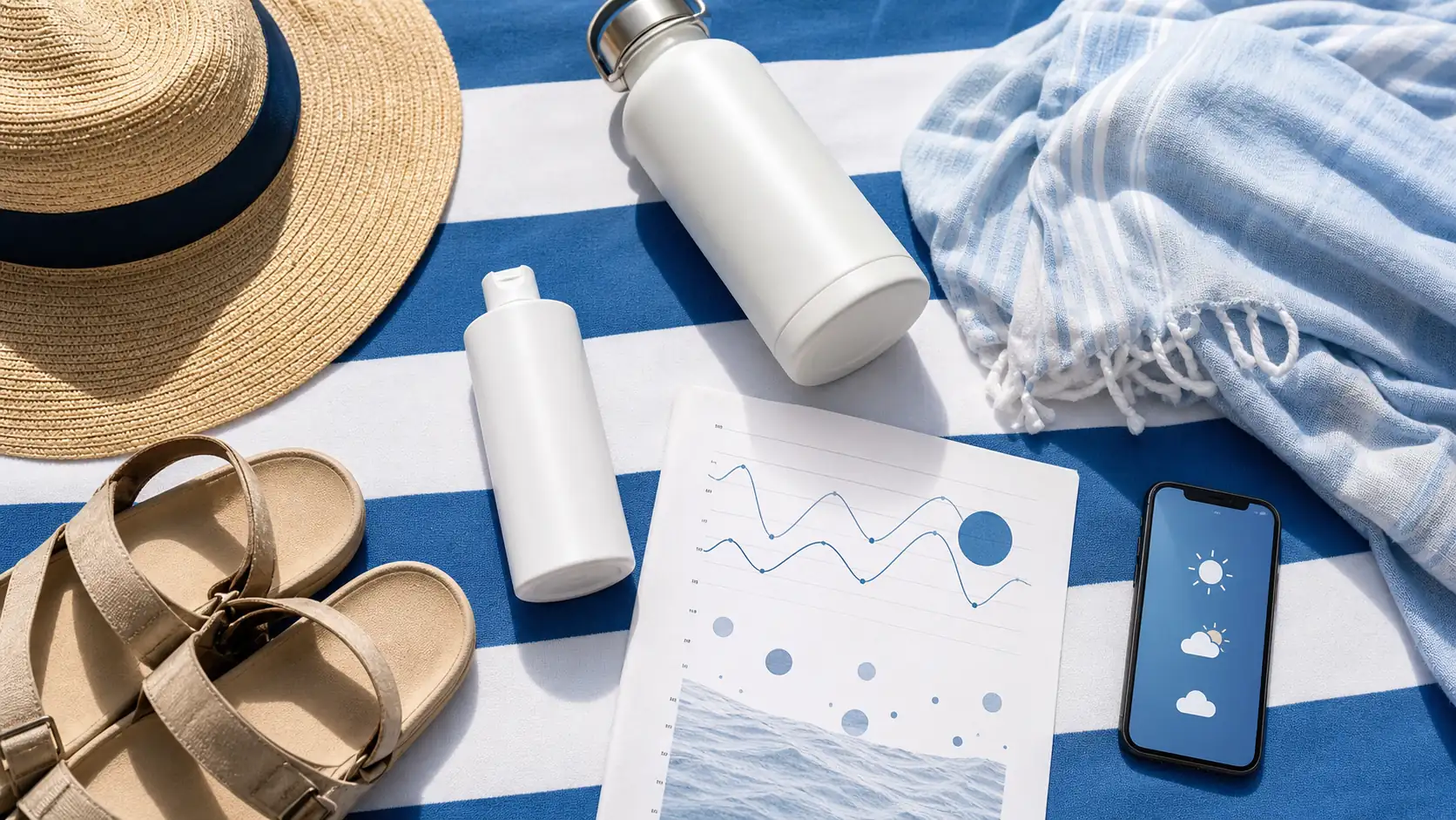 Hat sunscreen water tide chart and smartphone for a Spain beach day Hat sunscreen water tide chart and smartphone for a Spain beach day