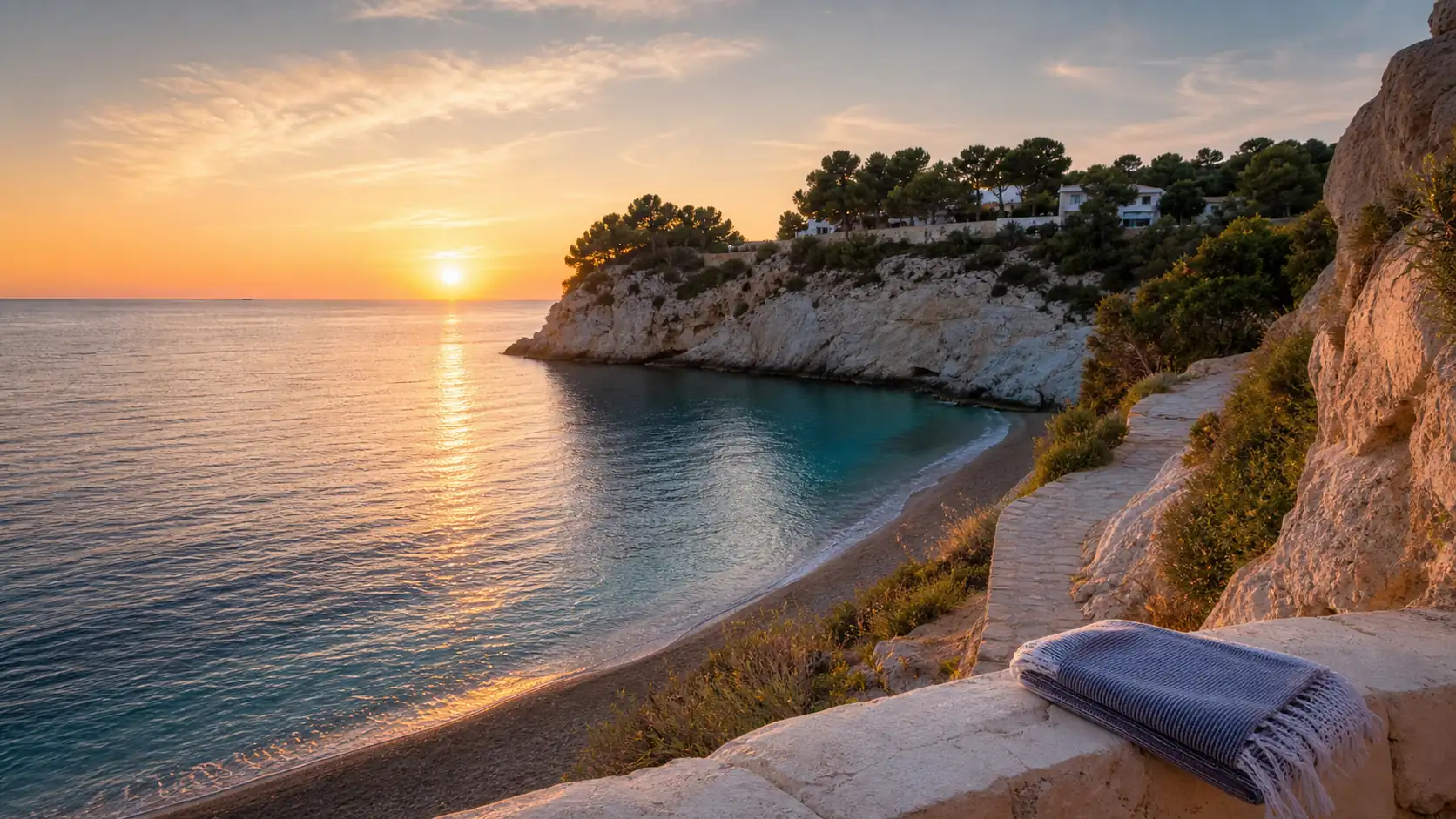 Sunset over a quiet Spanish beach cove and coastal path Sunset over a quiet Spanish beach cove and coastal path