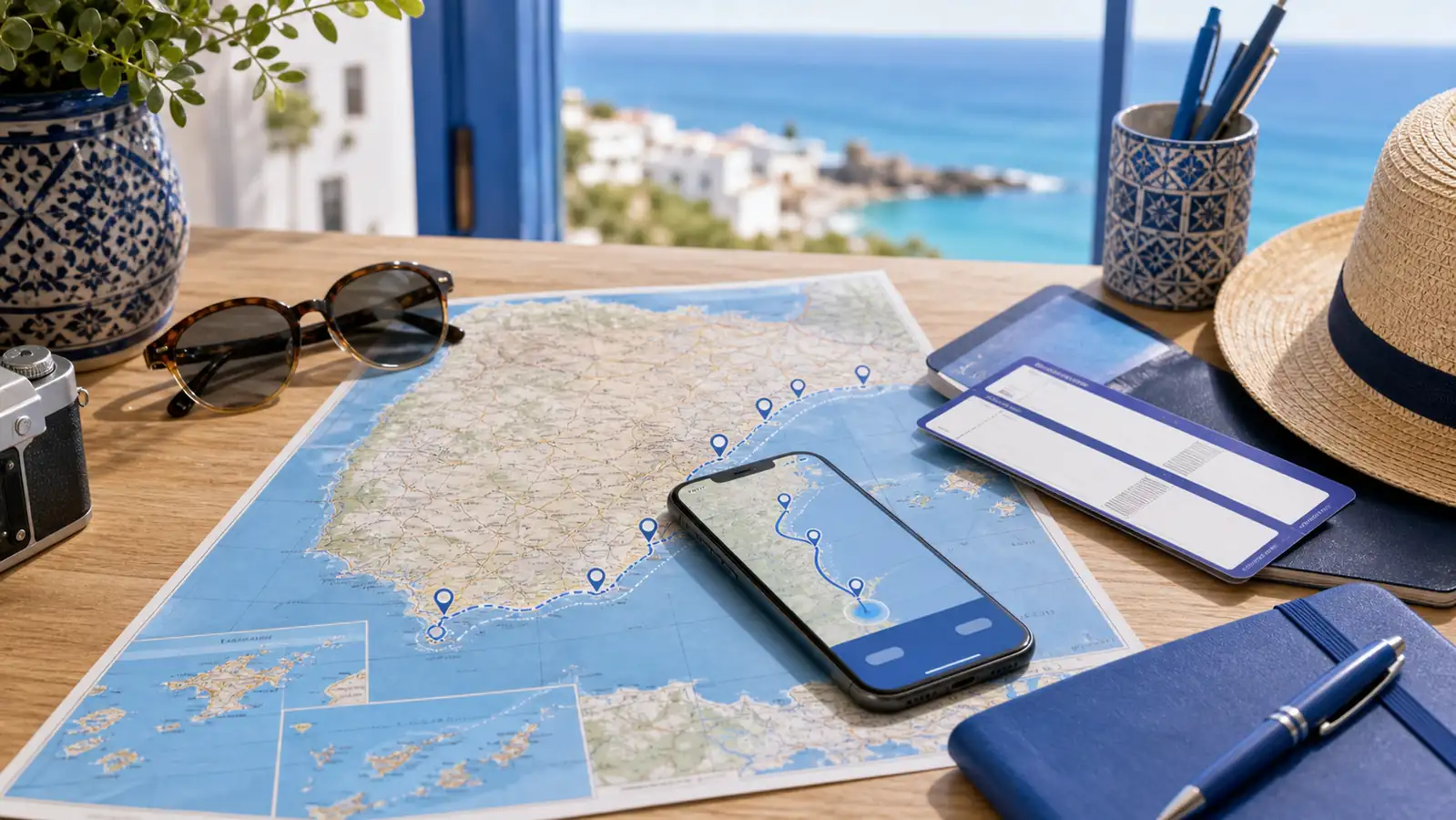 Spain coastal route planning desk with map and smartphone Spain coastal route planning desk with map and smartphone