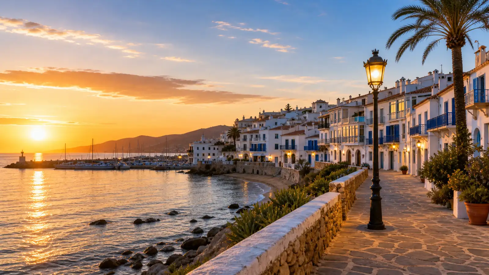 Quiet Spanish coastal promenade and marina at sunset Quiet Spanish coastal promenade and marina at sunset