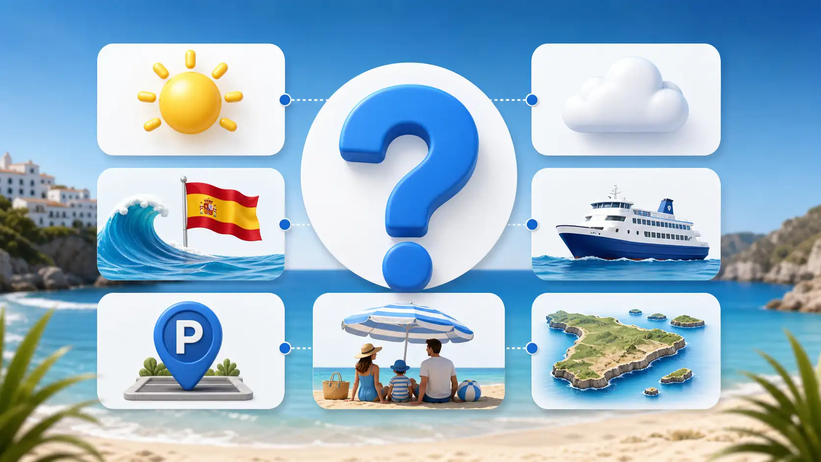 Question mark with weather ferry parking and beach icons for Spain Question mark with weather ferry parking and beach icons for Spain