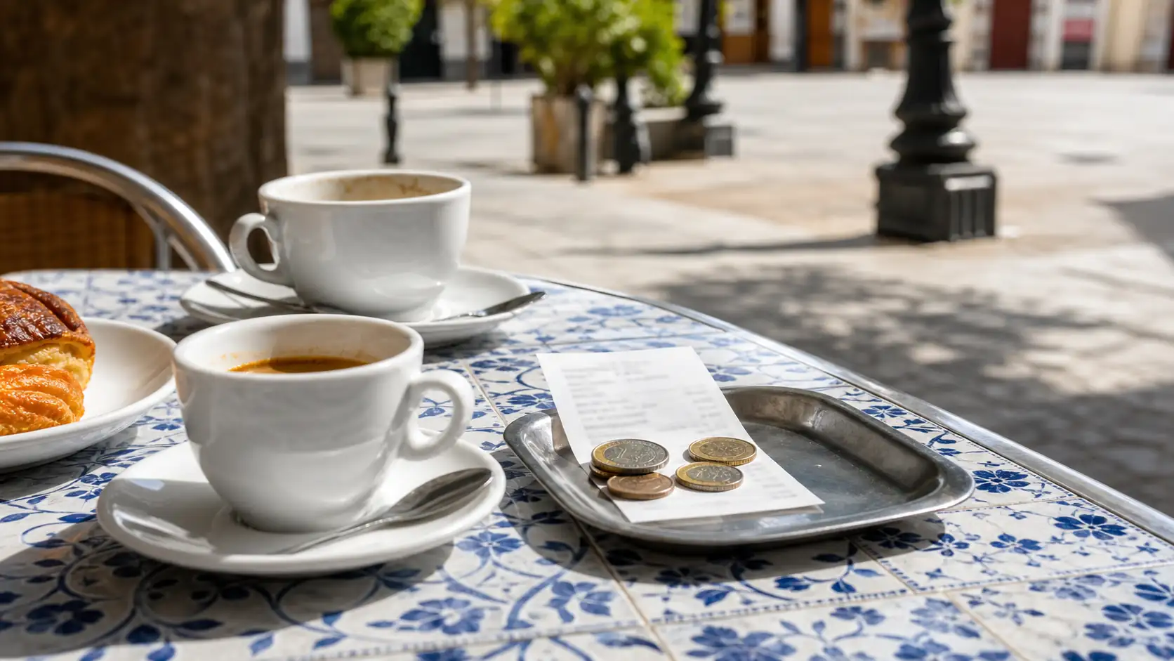 Spanish cafe bill tray with coffee and euro coins Spanish cafe bill tray with coffee and euro coins