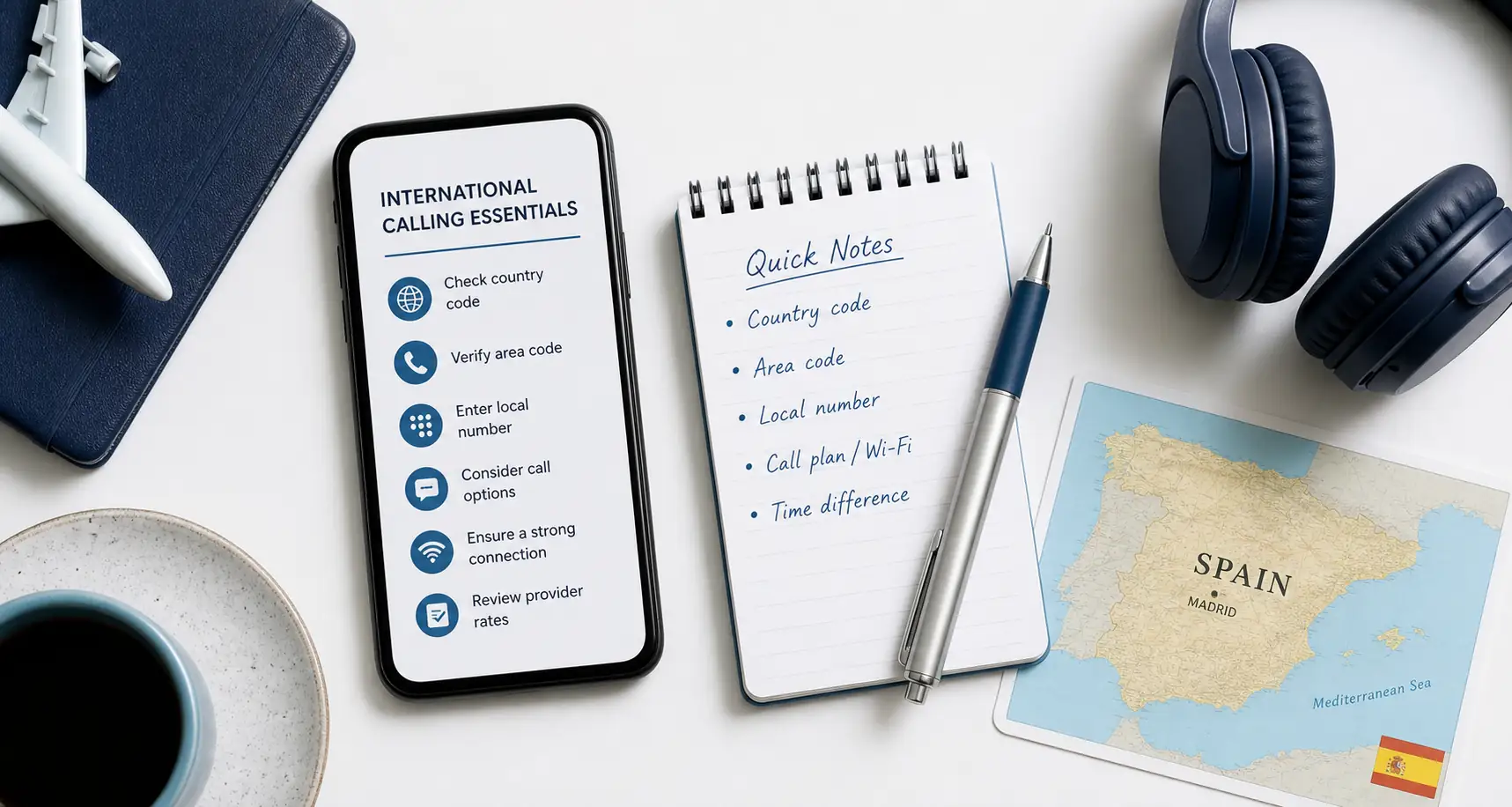 International calling essentials and Spain map card Hal-hal penting terkait panggilan internasional dan peta Spanyol