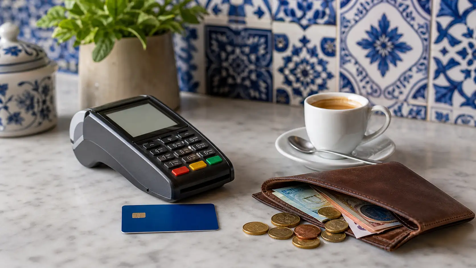 Card terminal and coins showing cash versus card tips in Spain Card terminal and coins showing cash versus card tips in Spain