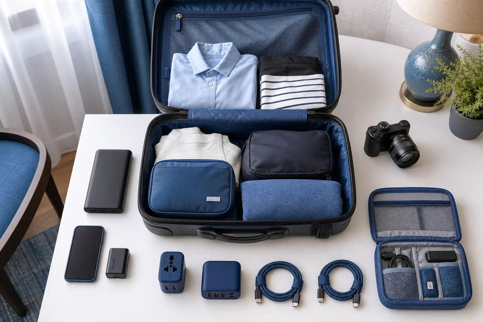 Organized charging gear packed for a Spain trip Organized charging gear packed for a Spain trip