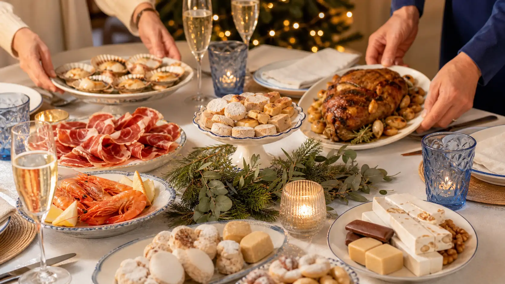 Spanish Christmas Eve table with seafood cured meats turron and sweets