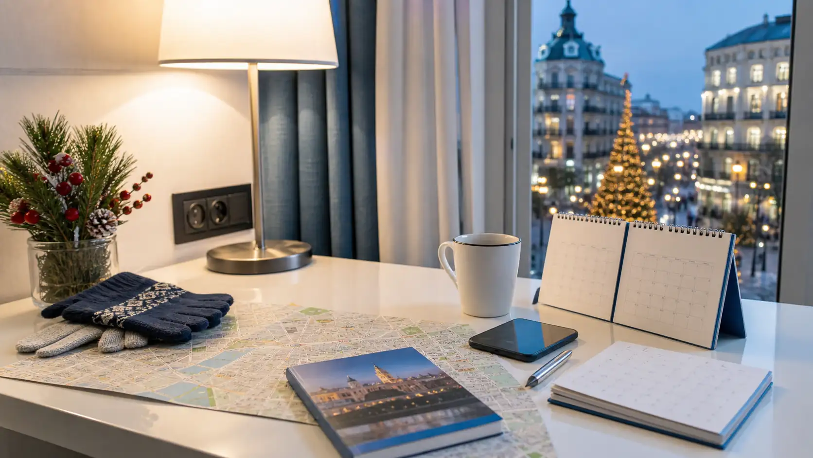Spain Christmas FAQ planning desk with winter map and calendar