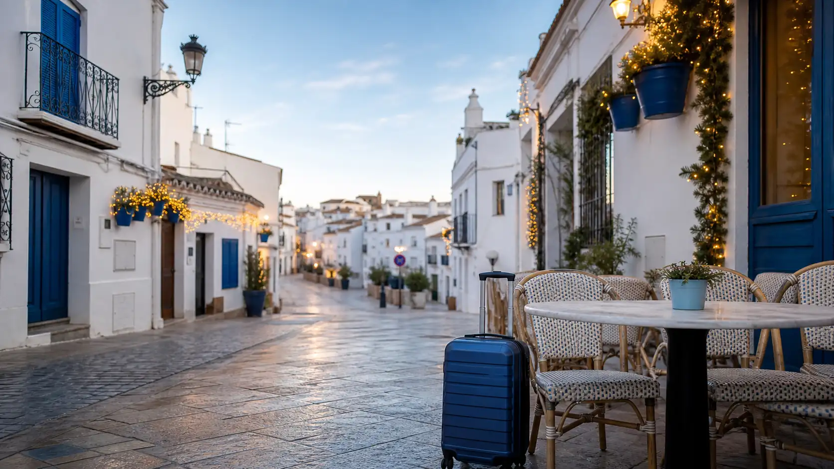 Quiet Spanish old town street after Christmas celebrations