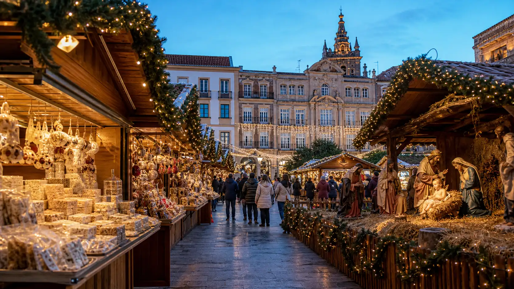 Spanish Christmas market with nativity scene and festive lights