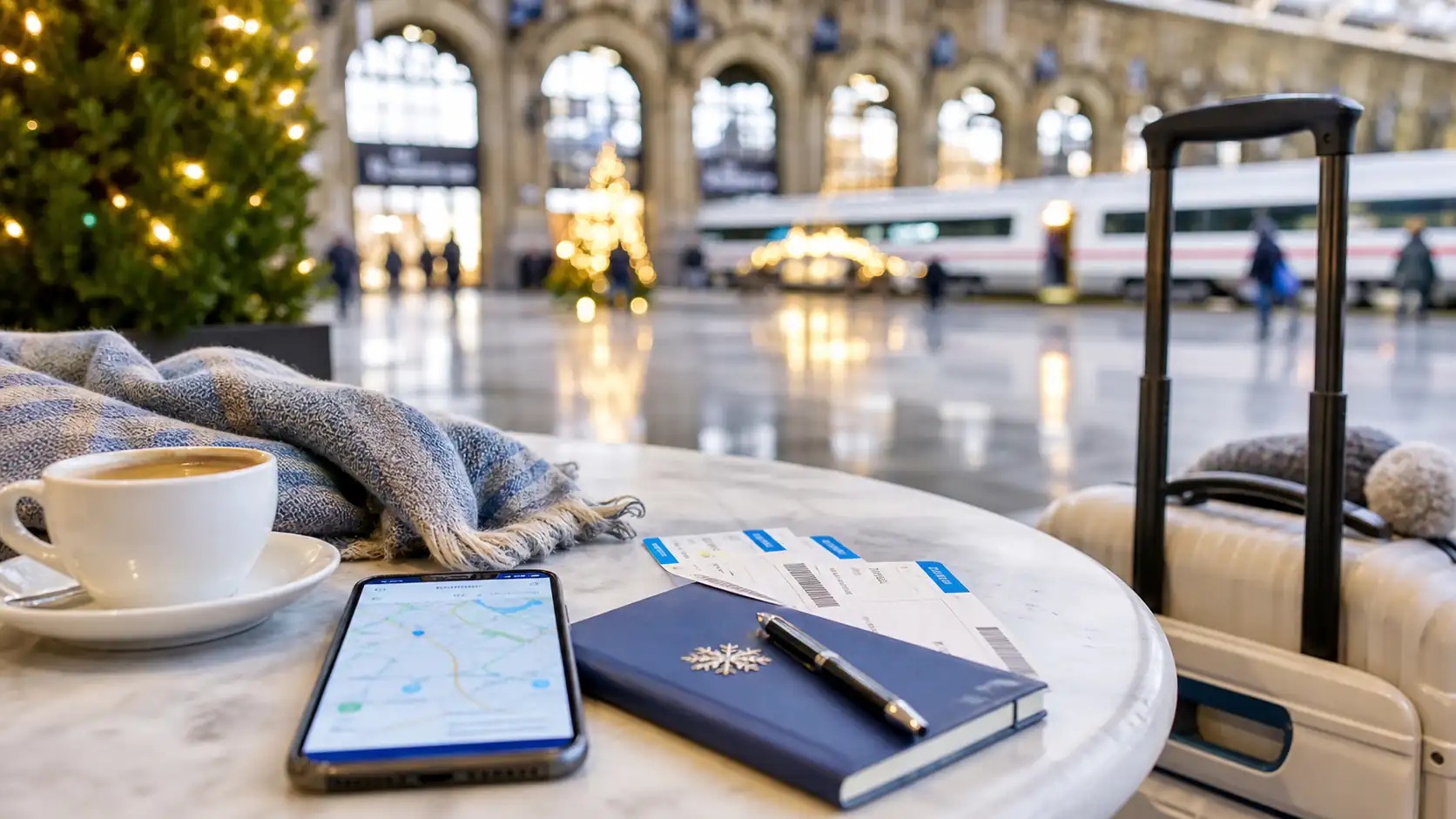 Spain Christmas travel planning with phone train tickets and suitcase
