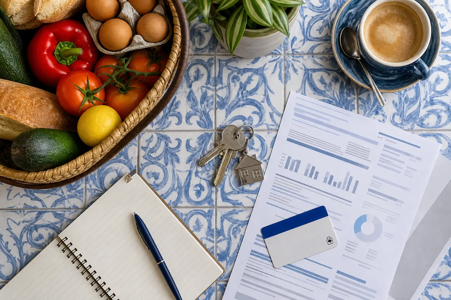 Spain cost of living still life with keys, groceries, and budget notebook Spain cost of living still life with keys, groceries, and budget notebook